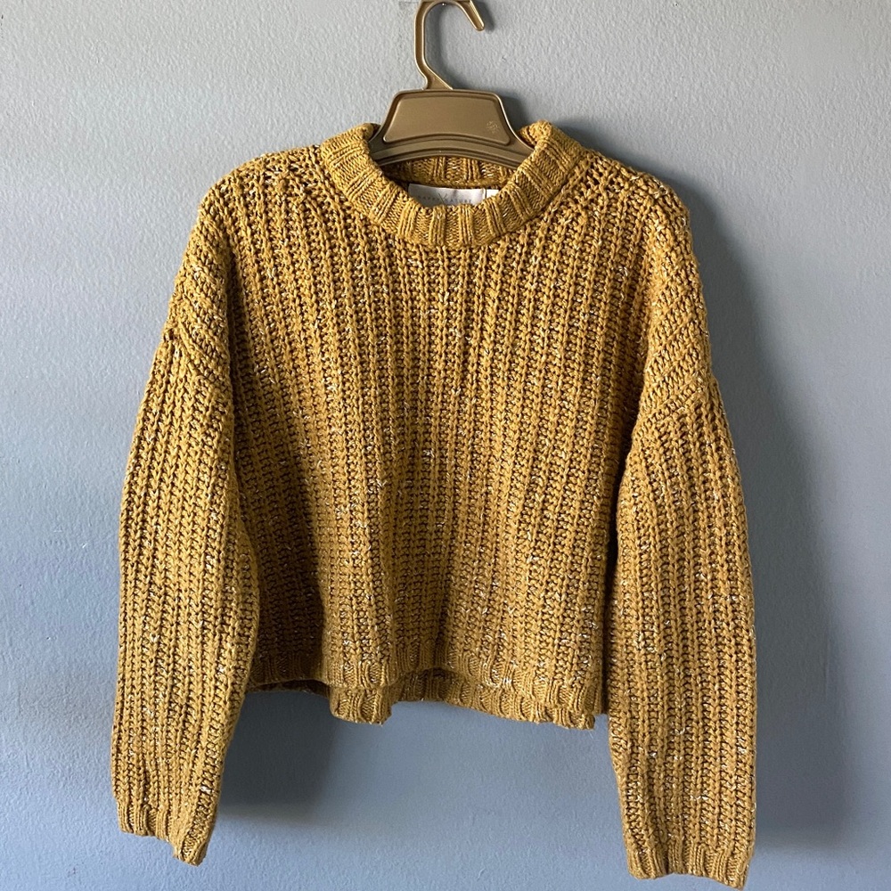 Cropped Textured Crewneck Sweater - Mustard coastal boho eco-friendly stylish